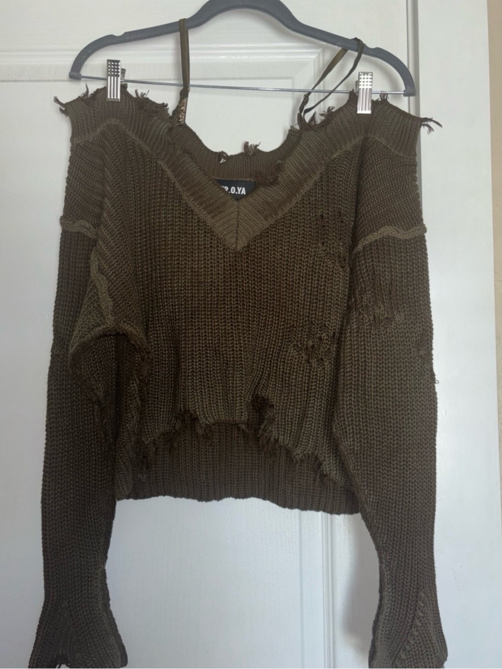SER.O.YA Olive Distressed Cold-Shoulder Sweater